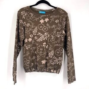 Fresh Produce Women's Floral Round Neck Long Sleeve‎ Top Blouse Brown Size Small